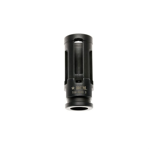 El compensador BCMGUNFIGHTER Mod 3-5.56 reduce el retroceso, el alza del cañón y el ruido, con tratamiento de nitruro para máxima resistencia a la corrosión.