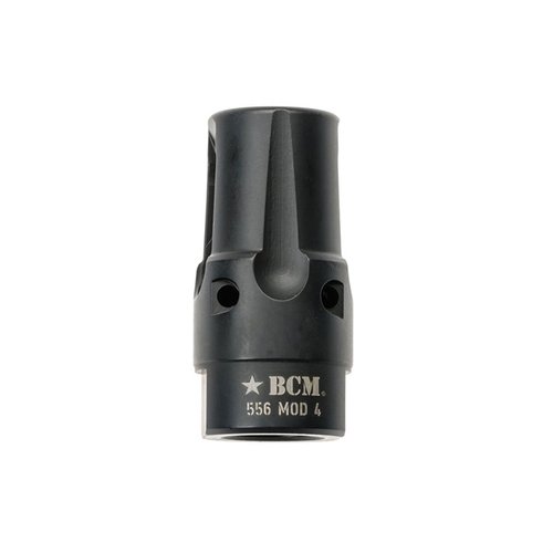 El compensador BCMGUNFIGHTER Mod 4-5.56 reduce el retroceso, la firma de destello y el ruido, ideal para aplicaciones tácticas y con tratamiento de nitruro.