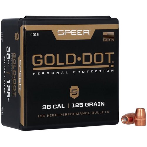 Carga balas Gold Dot .38 cal. JHP de 125gr, con tecnología que asegura expansión y retención de peso, eliminando amenazas con gran precisión y rendimiento.