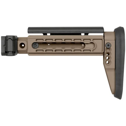 El AK ALPHA Series Folding Stock ofrece una construcción robusta, ajuste cómodo, 5 posiciones de bloqueo y es compatible con adaptadores 1913. ¡Ideal para tu rifle!