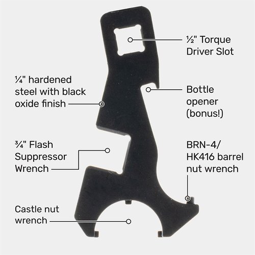 La llave combinada BRN-4/HK416 de Brownells es tu herramienta todo en uno, con herramientas para castle nut, barrel nut, flash hider y un ratchet de ½”.