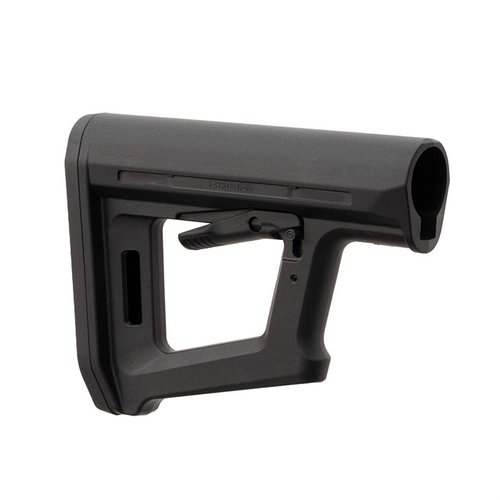 El MOE PR Carbine Stock de MAGPUL ofrece un diseño ligero y minimalista, soporte para la mano, y es compatible con risers CTR y M-LOK para un uso versátil.