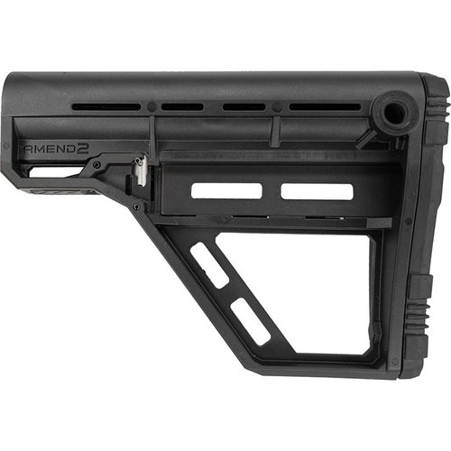 La culata modular AMS M-LOK de Amend2 ofrece opciones personalizables, construcción de polímero resistente, y compartimentos para accesorios y almacenamiento.