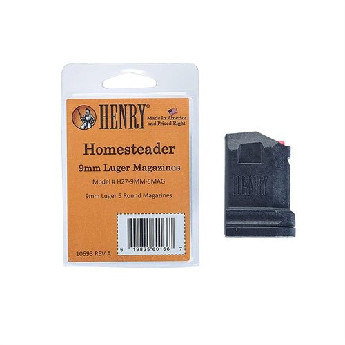 Consigue un cargador de repuesto para tu rifle Henry Homesteader H027 en 9mm Luger. Este cargador negro de 5 rondas es ideal para mantener tu arma siempre lista.