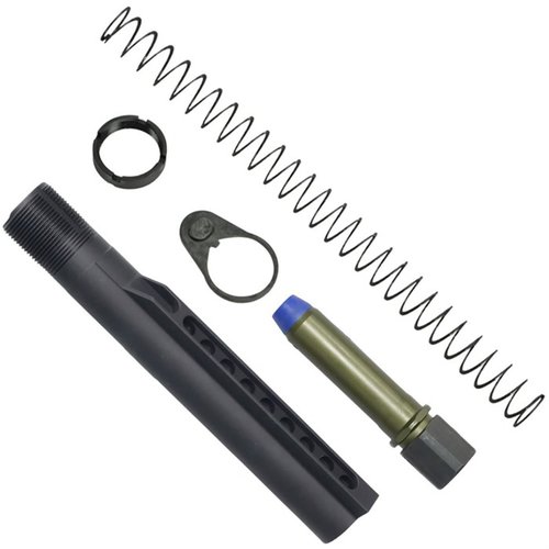 El kit K-SPEC AR-15 A5 incluye un buffer H1 de 4.7oz, un resorte flatwire y un tubo A5, optimizando el control del retroceso y reduciendo el alza del cañón.