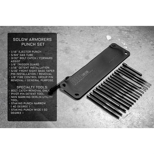 El set ARMOR'S PUNCH de SONS OF LIBERTY GUN WORKS incluye 16 herramientas esenciales para armeros, perfectas para instalar y quitar piezas sin dañar tu arma.