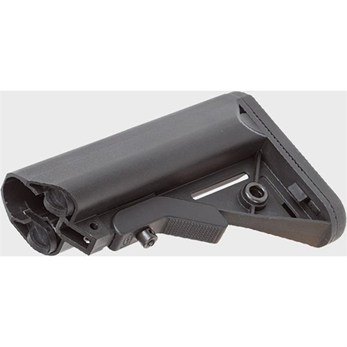 El LMT SOPMOD BUTTSTOCK ofrece comodidad con su pad de goma, mejor contacto facial, compartimentos impermeables y anclajes QD a ambos lados.