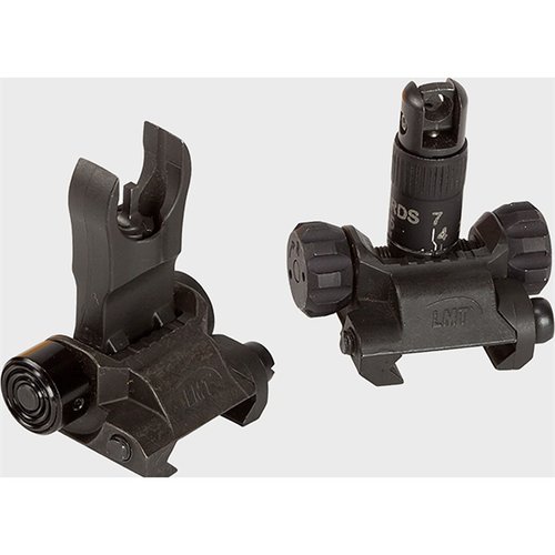 El AR-15 IMPERIAL BUIS KIT ofrece miras flip delantera y trasera, flexibilidad y seguridad, ajustable hasta 700 yardas, ideal para cualquier condición.