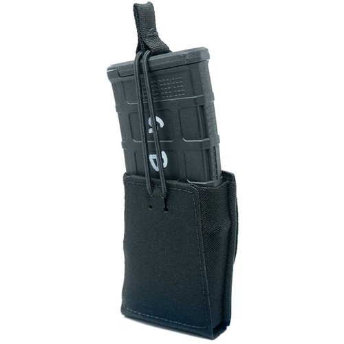 La funda para cargadores GBRS Group 5.56 es versátil, compatible con MOLLE, con retención bungee removible y material elástico para un acceso rápido y seguro.