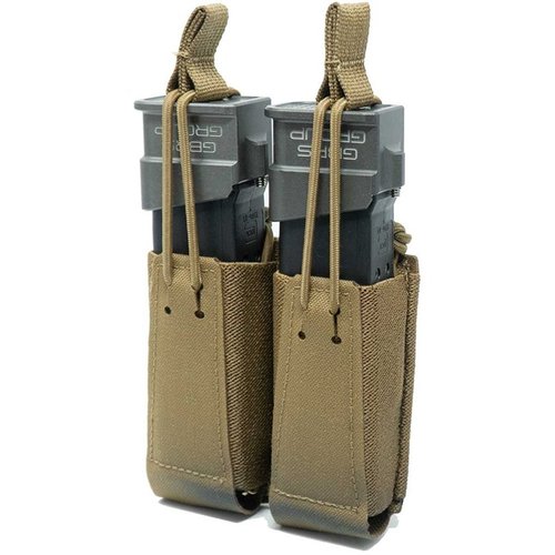 La funda doble para cargadores de pistola GBRS es compatible con MOLLE, ofrece retención con bungee y permite un acceso rápido y fácil a tus cargadores.