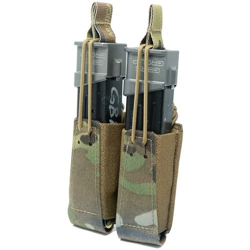 La funda de cargador doble GBRS es MOLLE/belt compatible, con retención bungee removible y construcción de laminado Squadron para un acceso rápido y seguro.