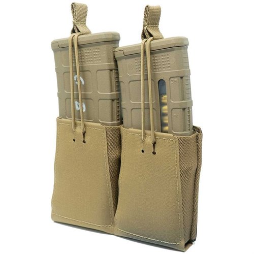 La funda de cargador doble GBRS es compatible con MOLLE, tiene retención de bungee removible y ofrece un acceso rápido y seguro para tus cargadores AR-15/AK-47.
