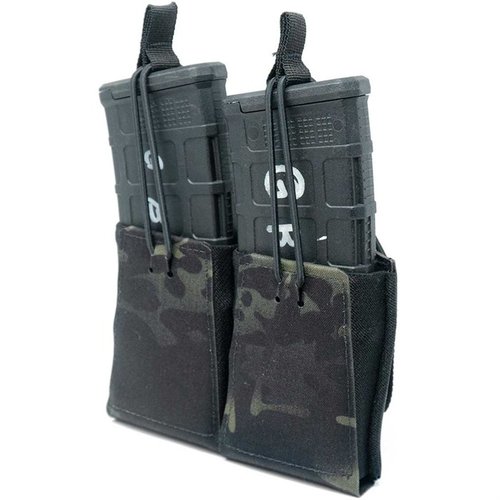 La funda doble para cargadores de rifle GBRS es compatible con MOLLE, tiene retención bungee ajustable y permite un acceso rápido y seguro a tus cargadores.