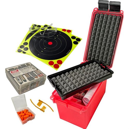 El MTM PISTOL RANGE KIT es compacto, resistente al agua y cuenta con todo lo necesario: bandeja acolchada, almacenamiento para 5 cargadores, protección auditiva y visual.
