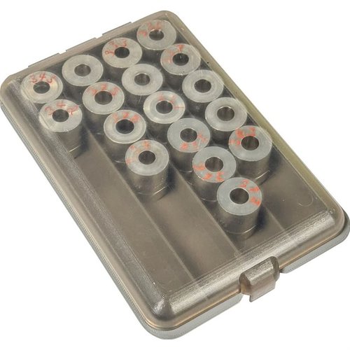 Organiza tus bushings de polvo y disparo con la MTM POWDER & SHOT BUSHING BOX; compacta, apilable y con tapa transparente para fácil identificación.