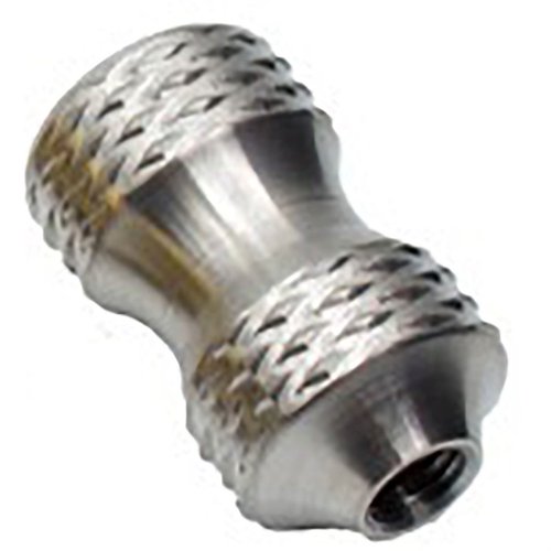 El knob Little Bertha de Anarchy Outdoors tiene forma de reloj de arena, es cómodo para manos pequeñas y mejora el agarre, disponible en negro mate, rojo o titanio pulido.