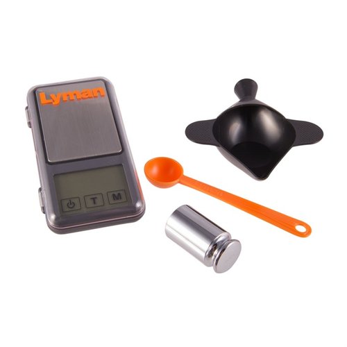La Lyman Pocket Touch Digital Scale Set es compacta y precisa, incluye un funnel pan, peso de calibración y mide hasta 1500 grains, ideal para recargas.