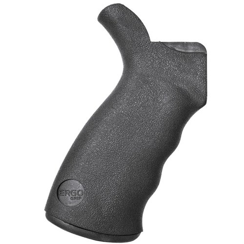 El ERGO GRIP-SUREGRIP® ofrece un diseño ergonómico, textura SureGrip® para un agarre superior y es compatible con receptores .556 y .308, mejorando la precisión.
