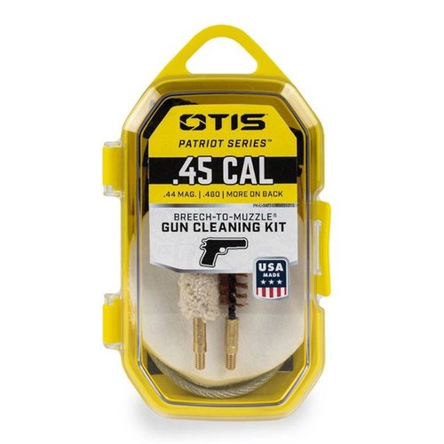 El kit PATRIOT de Otis incluye todo lo necesario para limpiar tu pistola .45, con cables Memory-Flex®, cepillos y parches de algodón, todo en un estuche reutilizable.