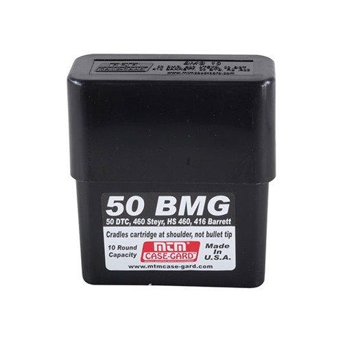 La caja de municiones Slip Top de MTM Case-Gard para 50 BMG guarda 10 cartuchos con protección para las puntas, ideal para los usuarios que buscan comodidad.