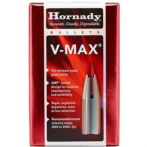 Las balas Hornady V-Max 6MM ofrecen una punta de polímero y un diseño aerodinámico para trayectorias planas, máxima precisión y expansión explosiva incluso a bajas velocidades.