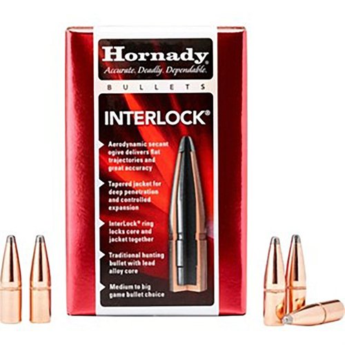 Las balas Hornady InterLock de 270 Caliber ofrecen trayectorias planas y gran precisión, con una chaqueta cónica para penetración profunda y expansión controlada.
