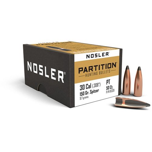 Los balas Nosler® Partition 30 Caliber (0.308”) ofrecen expansión controlada, retención de peso y penetración profunda, ideales para caza.