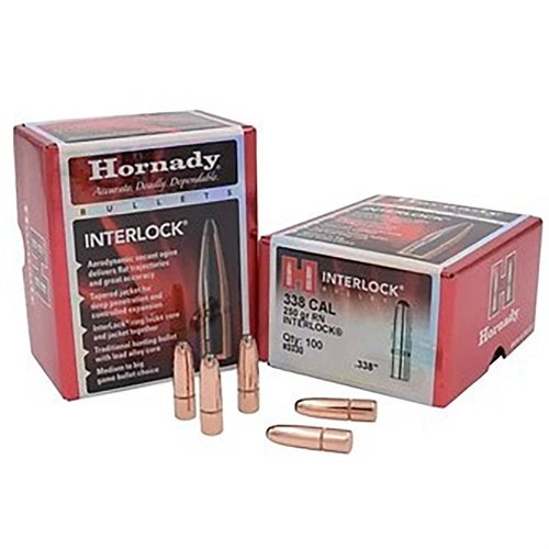 Las balas Hornady InterLock de 250gr ofrecen trayectorias planas y gran precisión, con una chaqueta cónica para penetración profunda y expansión controlada.