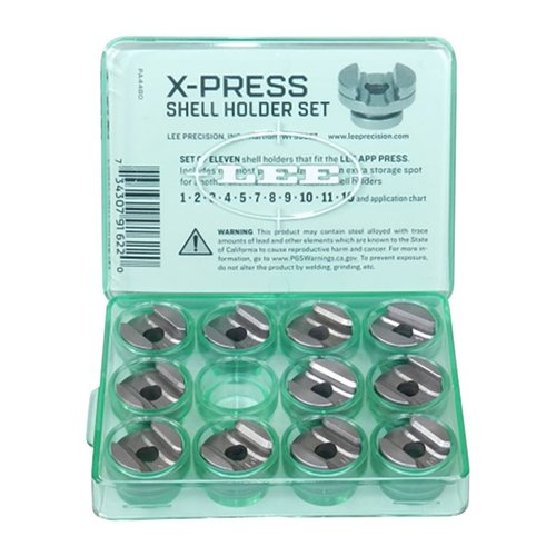 El set de X-PRESS SHELLHOLDER de LEE PRECISION incluye 11 portacartuchos populares, compatible con más de 115 cartuchos para tu App press.