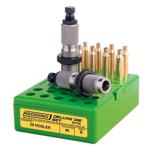 Los sets de dies Redding Deluxe incluyen un die de tamaño completo, un die de asentar estándar y un die de tamaño de cuello, todos fabricados con acero de alta calidad.