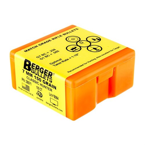 Las balas Berger 7mm 150gr Classic Hunter son ideales para rifles de fábrica, con diseño Hybrid que asegura alta precisión y menor sensibilidad a la profundidad de asiento.