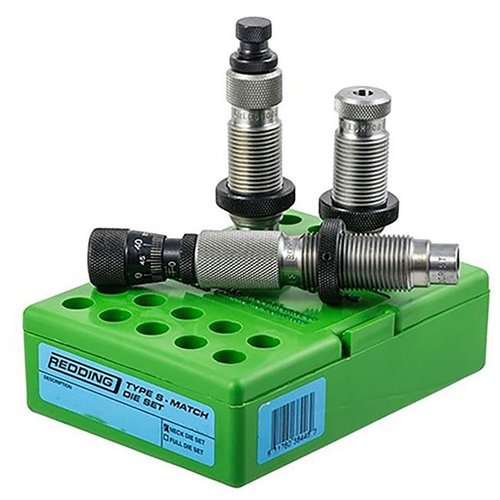 El juego de dies Type S Match Bushing incluye un die de tamaño, un die de cuerpo y un die de asiento de competición, ideal para precisión en el 6.5 Grendel.