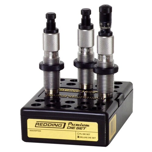 Mejora tu recarga con el set de dies Redding 6.5 Creedmoor: incluye Full Length sizing die, Seating Die con Micrometer y Neck Sizing Die en una práctica caja.