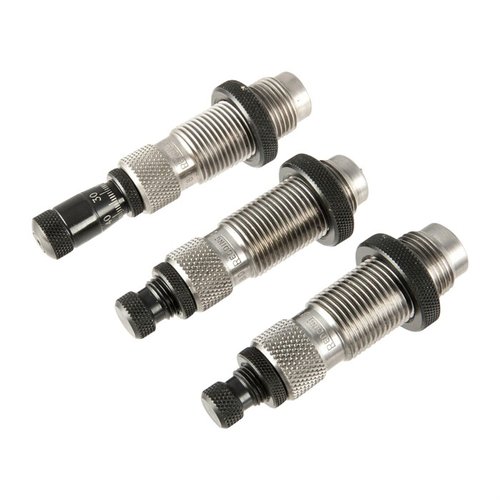 Los sets de dies Premium Deluxe de Redding ofrecen precisión superior con un botón de tamaño de carburo y un micrómetro para ajustar la profundidad de la bala.