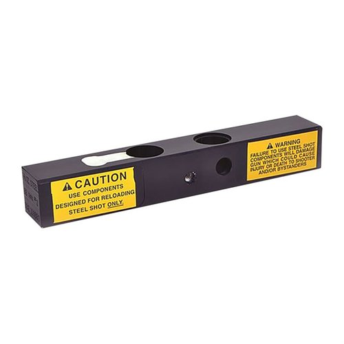 La barra de carga de acero para prensa de un solo paso de MEC RELOADING permite cargar de 7/8 oz. a 1-1/2 oz. de perdigones del tamaño #1 al #6.