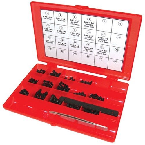 El Master Gunsmith Screw Kit-142 incluye 140 tornillos hexagonales premium, ideales como reemplazos antideslizantes. Incluye pinzas y medidor de rosca.