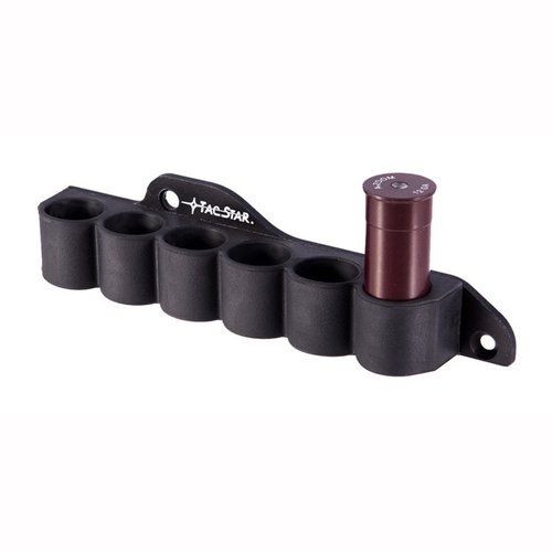 Aumenta la capacidad de tu Mossberg 500 con el Slimline Sidesaddle Shellholder de TACSTAR, que sostiene 6 cartuchos y es resistente a la intemperie.