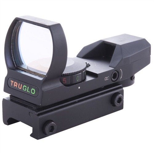 El visor OPEN RED DOT SIGHT de TRUGLO ofrece una visión amplia, ajuste de retícula múltiple, y resistencia al agua y golpes, ideal para caza y tácticas.