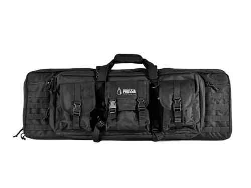Descubre el Compact Rifle Bag: resistente, con espacio para 2 rifles y 2 pistolas, divisor removible y correas de mochila para un transporte cómodo.